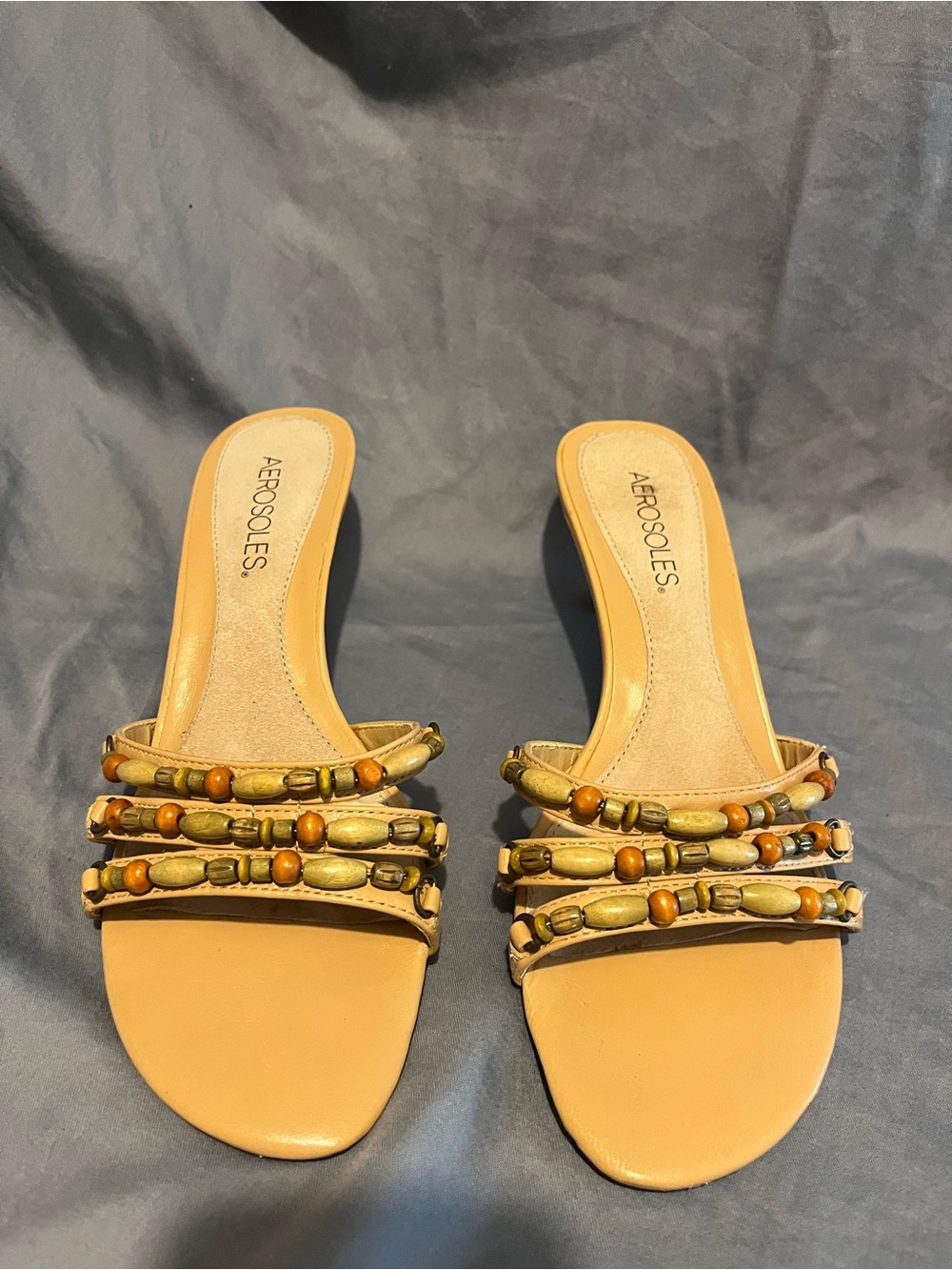 AEROSOLES Tan Beaded Slip-On Sandals